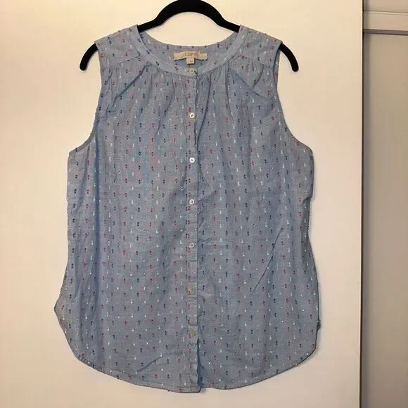 LOFT Women’s Button Up Light Blue with Colorful Embroidered Dots Size Large - Picture 1 of 8